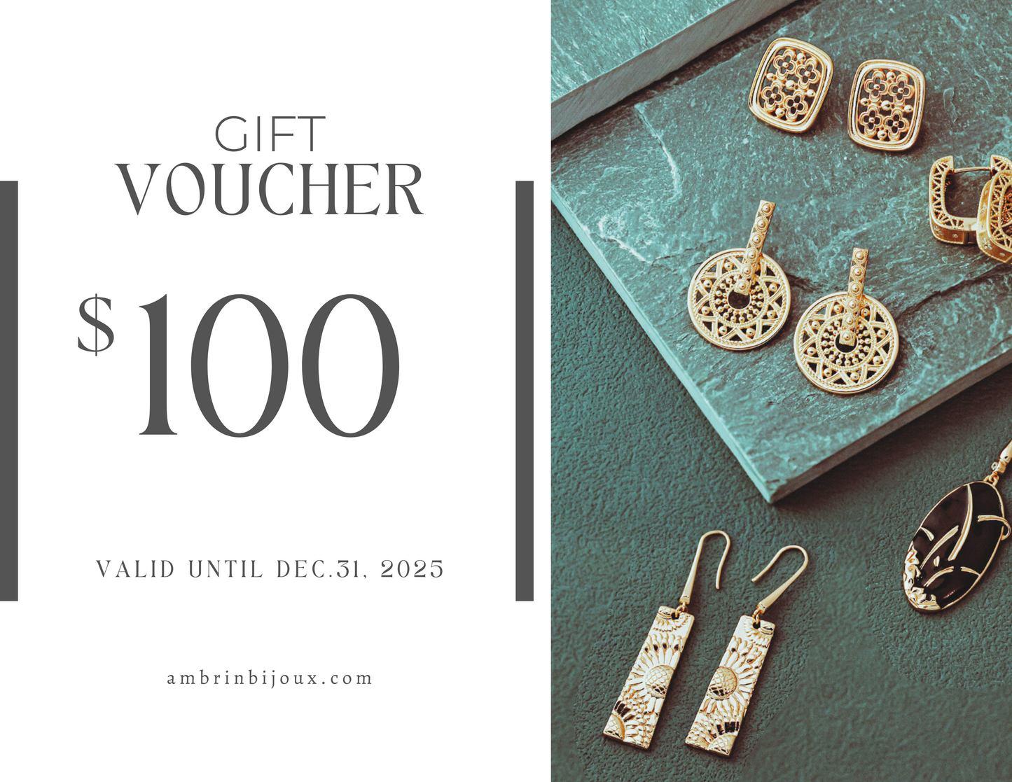 Ambrin Gift Voucher available in $100 CAD denominations, valid until December 31, 2025. A perfect gift option for sharing the beauty of timeless elegance and fine jewelry, meticulously crafted to celebrate both heritage and modernity.