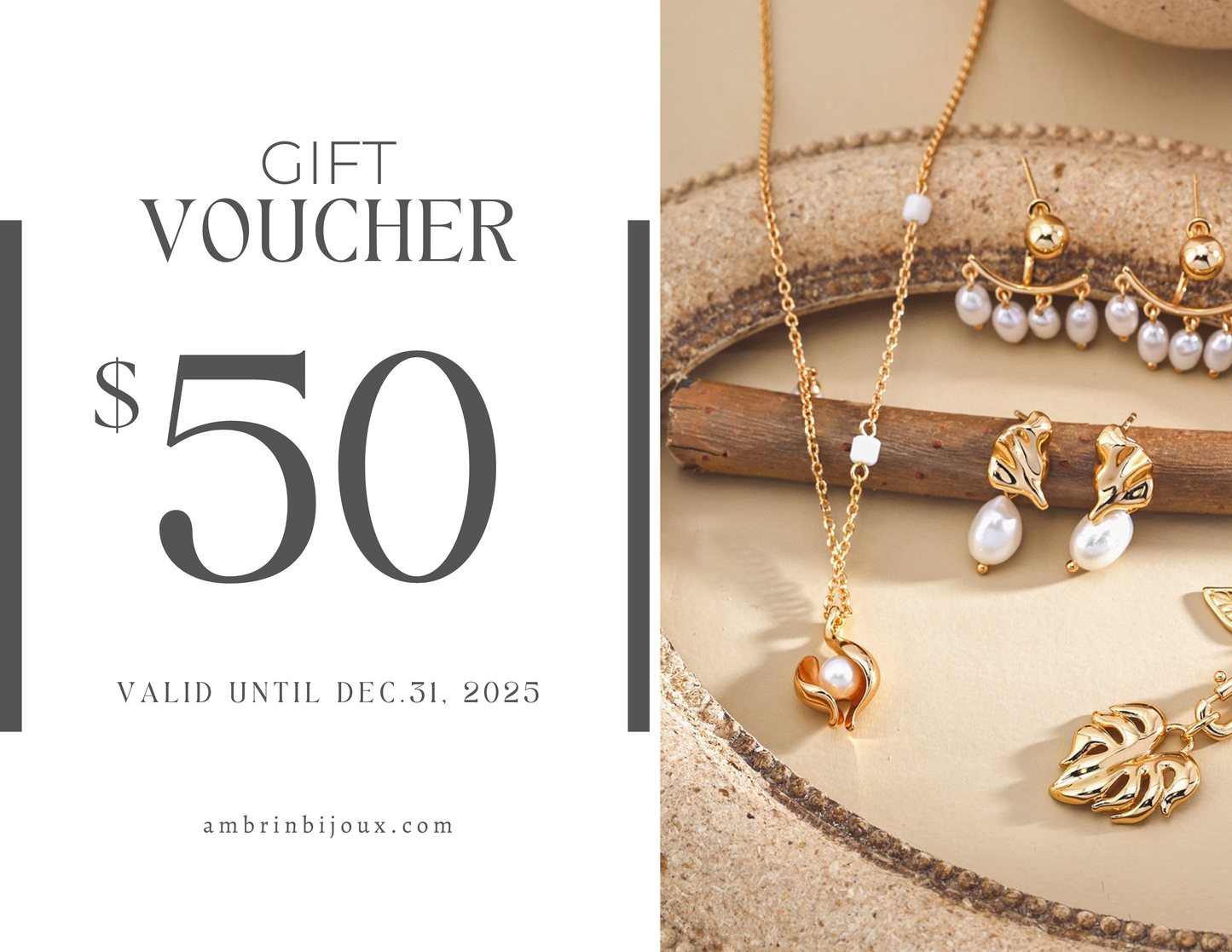 Ambrin Gift Voucher available in $50 CAD denominations, valid until December 31, 2025. A perfect gift option for sharing the beauty of timeless elegance and fine jewelry, meticulously crafted to celebrate both heritage and modernity.