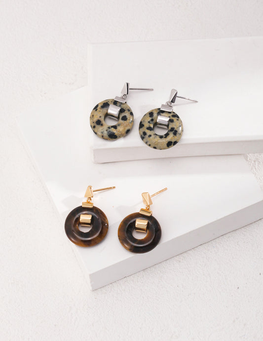 Gold and Stone Sterling Silver Earrings crafted from high-quality 925 silver, featuring speckled stone and tiger eye stone. Available in vintage gold and white gold finishes, these earrings measure approximately 2.8cm in height, perfect for adding unique elegance to any outfit for everyday wear or special occasions.