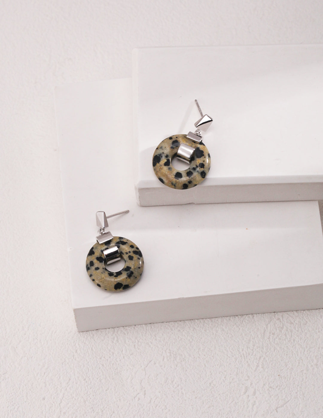 Gold and Stone Sterling Silver Earrings crafted from high-quality 925 silver, featuring speckled stone and tiger eye stone. Available in vintage gold and white gold finishes, these earrings measure approximately 2.8cm in height, perfect for adding unique elegance to any outfit for everyday wear or special occasions.