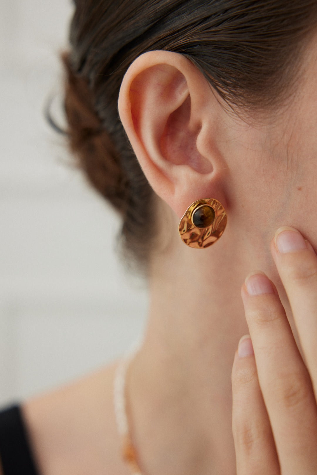 Versatile Sterling Silver Tiger Eye Stone Earrings in vintage gold with 7.5mm tiger eye stones, designed for multiple ways to wear, blending minimalist elegance with chic French style.